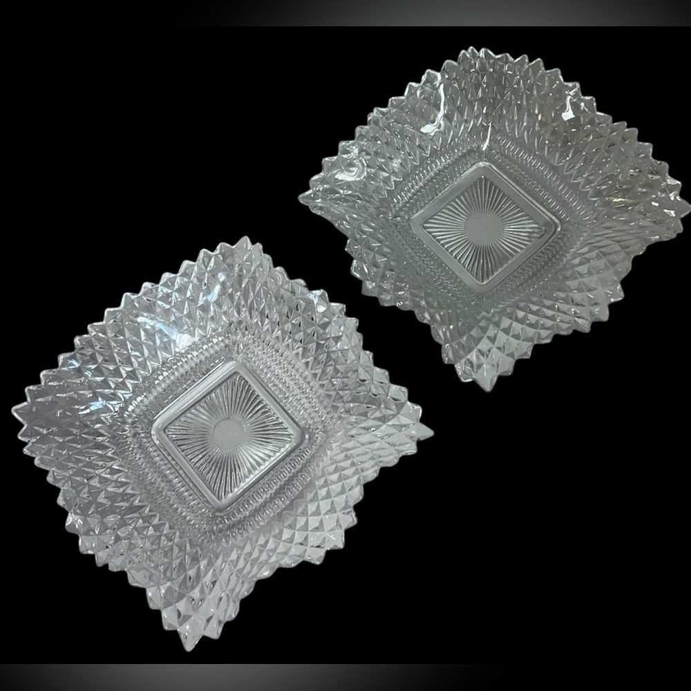 Two Vintage Clear Glass Diamond Point Candy or Bon Bon Dishes w/ Sawtooth Edges